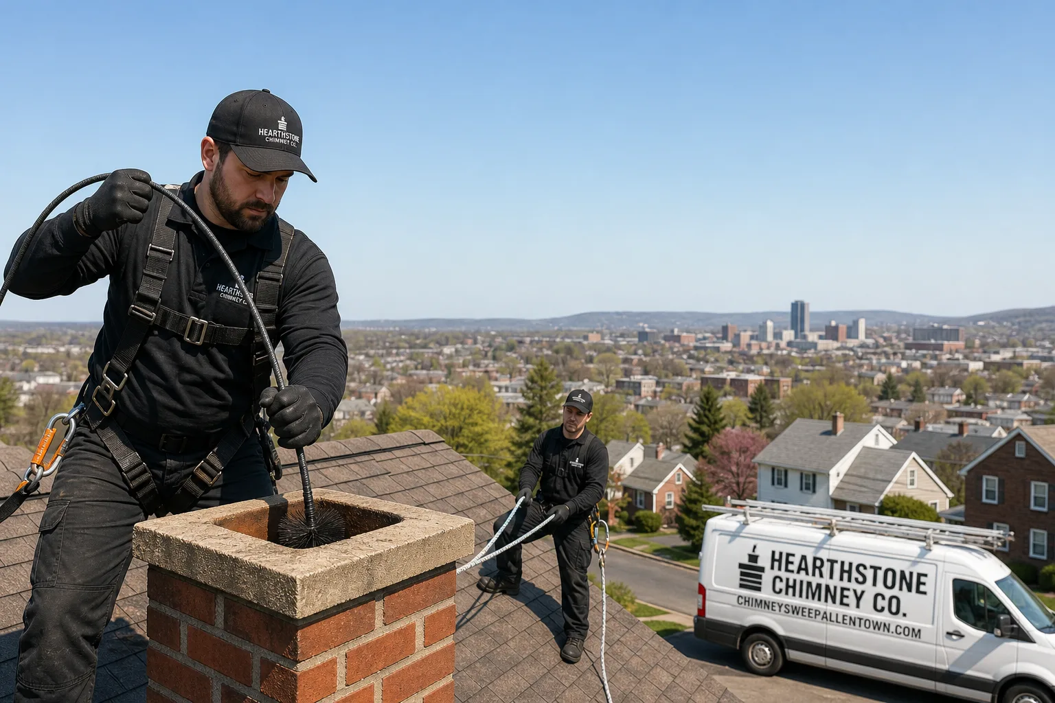 Hearthstone Chimney Co. chimney cleaning service vehicle and crew in Allentown, PA
